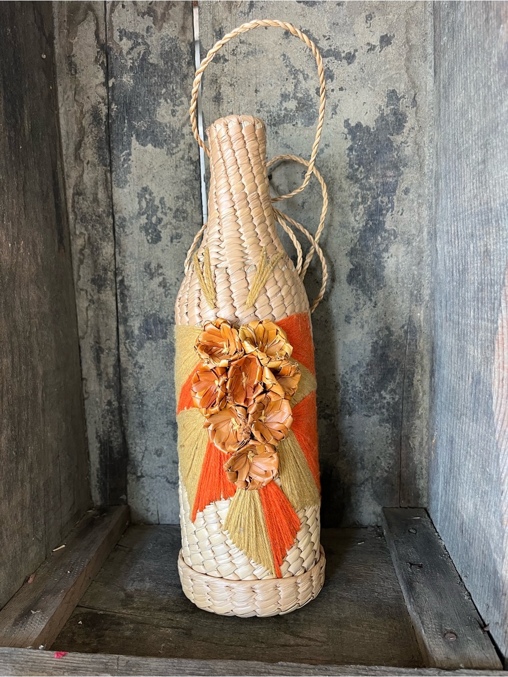 Vtg Handwoven Wine Bottle carrier with Orange and Cream Accents